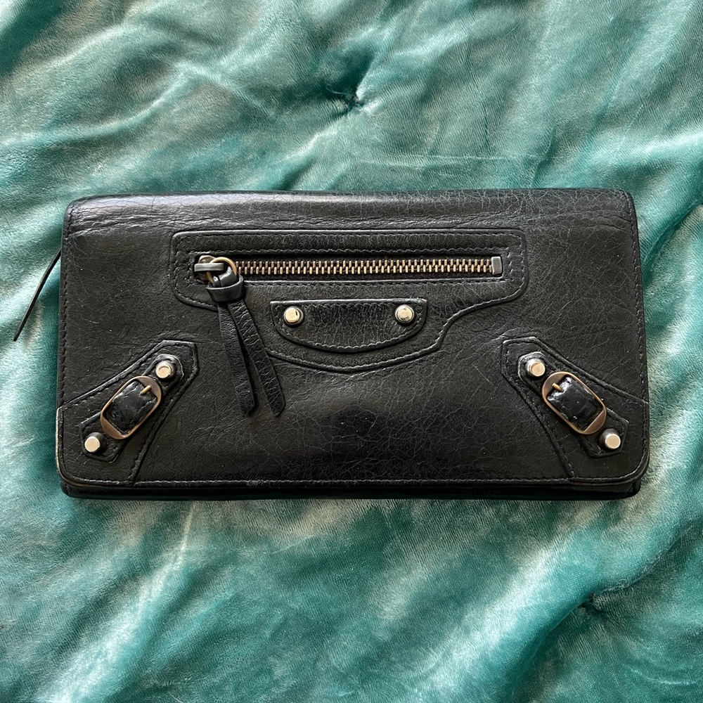 Balenciaga Continental Motorcycle City Wallet Black Lambskin
